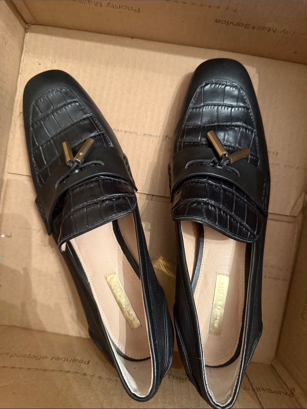 Louise et Cie Black Croc-Embossed Wedge Loafers Gold Accent quite luxury work